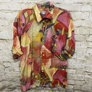 Tuttle Golf Yellow Red Geometric Print Made In Italy Button Up Shirt